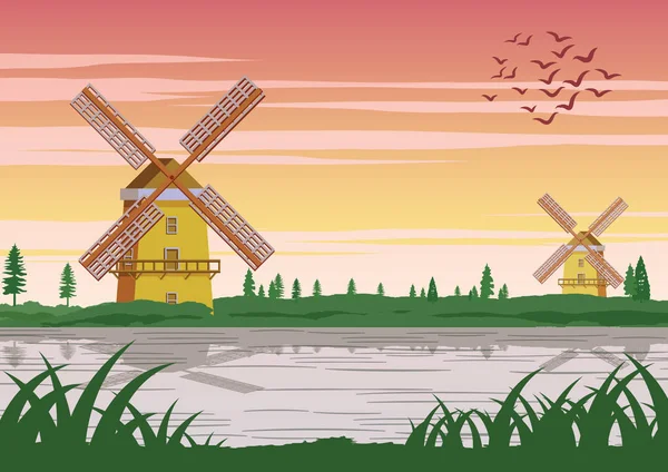 Berühmtes Symbol Hollands, Windmühle mit wunderschöner Natur, — Stockvektor