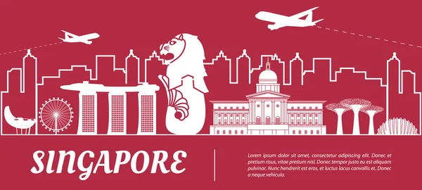 Singapore beroemde bezienswaardigheid silhouet met rode en witte kleur de — Stockvector