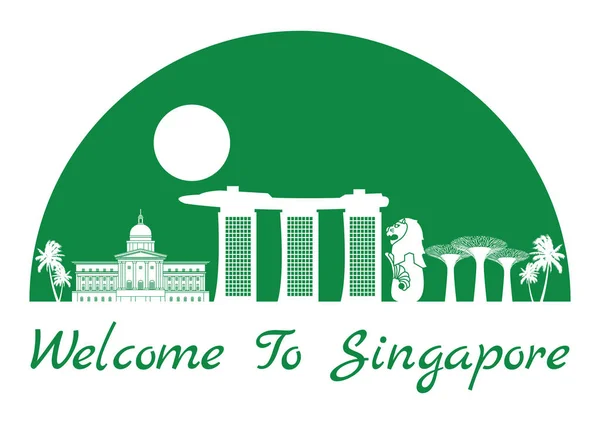 Singapur famoso estilo de silueta hito en el interior por el color verde — Vector de stock