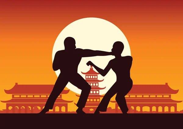 Chinese Boxing Kung Fu krijgskunst beroemde sport, twee bokser strijd — Stockvector