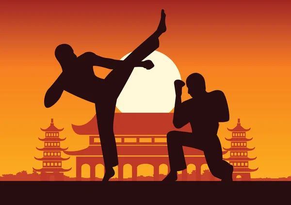 Kinesisk boxning Kung Fu martial art berömda sport, två boxare kampen — Stock vektor