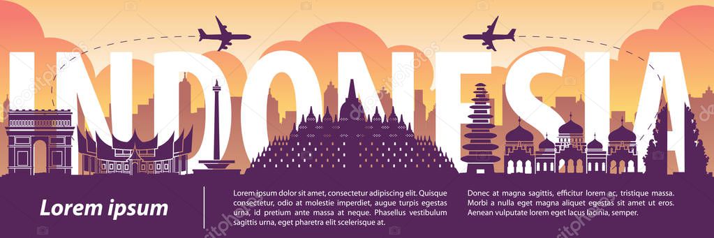 Indonesia famous landmark silhouette style,text within,travel and tourism,purple and orange tone color theme