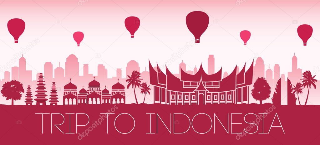 Indonesia famous landmark by balloon float over in flag color to
