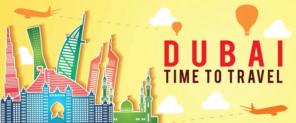 Bandera amarilla de Dubai famosa silueta hito estilo colorido — Archivo Imágenes Vectoriales