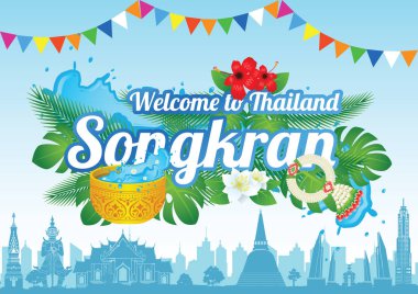 Tayland Loas Myanmar ve Kamboçya, yeni yıl, konsept tasarım, vektör illüstrasyon Şarkı kran gün ünlü festival fikir sanat dekoratif