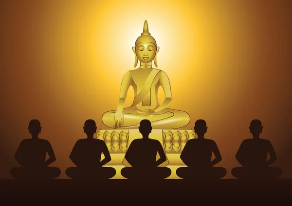 Mnich medytacji przed rzeźbą Buddy, aby trenować umysł — Wektor stockowy