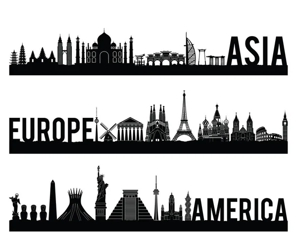 Asia Europa y América continente famoso monumento silueta sty — Vector de stock