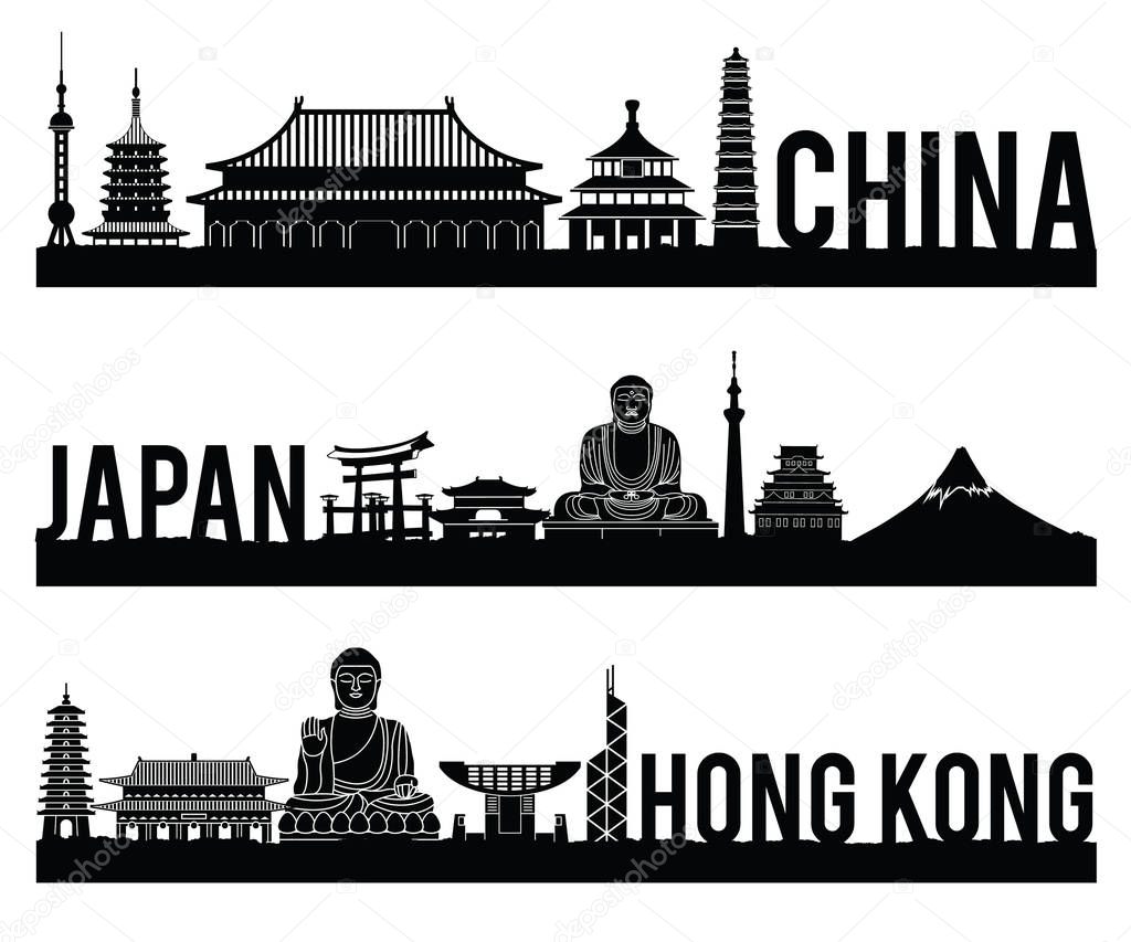 China Japan Hong Kong famous landmark silhouette style with blac