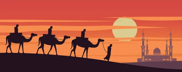 Caravana musulmana paseo camello a la mezquita de Dubai en la hora de la puesta del sol, el — Archivo Imágenes Vectoriales