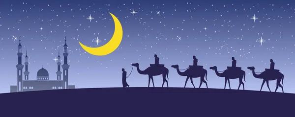 Caravan moslim Ride Camel naar de moskee van Dubai 's nachts vol St — Stockvector