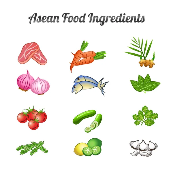 Ingredientes de alimentos asiáticos conjunto paquete incluyen verduras y carne en — Vector de stock