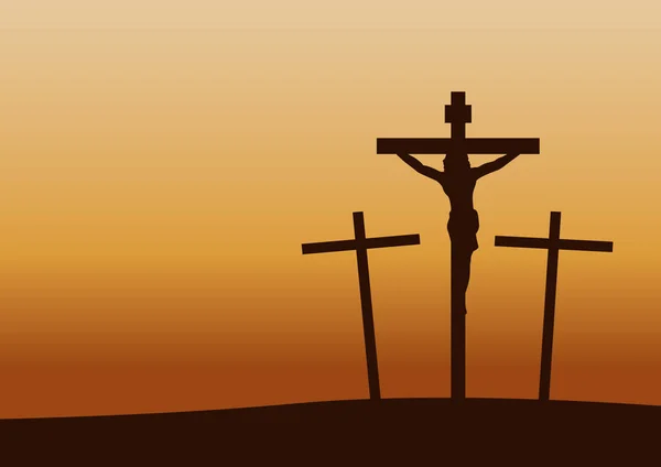 Golgotha kruisiging op zonsondergang tijd, belangrijk gebeuren in christelijke — Stockvector