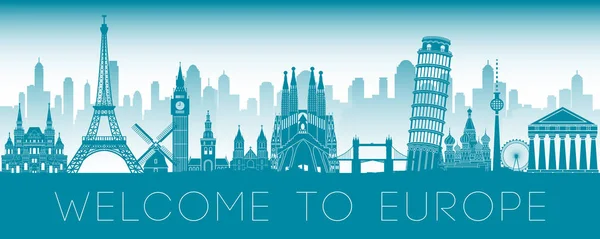 Europe famous landmark blue green silhouette design — Stock Vector