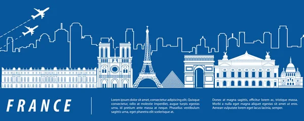 Francia famosa silhouette punto di riferimento con il colore blu e bianco desi — Vettoriale Stock