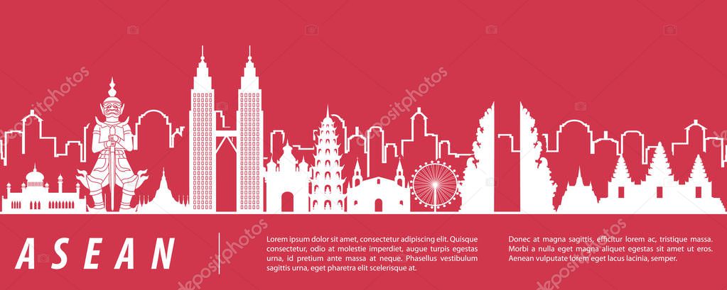 ASEAN famous landmark silhouette with red and white color design