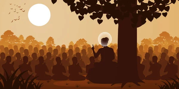 Señor de Buda sermón dharma a multitud de monje, estilo silueta — Vector de stock