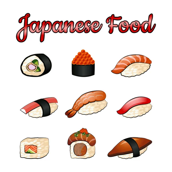 Conjunto de deliciosa y famosa comida japonesa, Sushi, en g colorido — Vector de stock