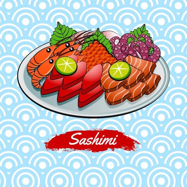 Conjunto de deliciosa y famosa comida japonesa, Sashimi, en colorido — Vector de stock