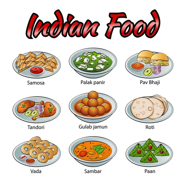 Conjunto de deliciosa y famosa comida de la India en gradiente colorido — Vector de stock