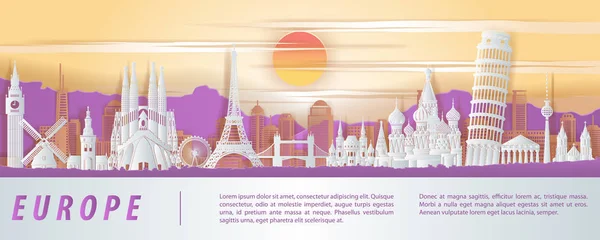 Europe famous landmark paper cut style with purple orange and wh — Stock Vector