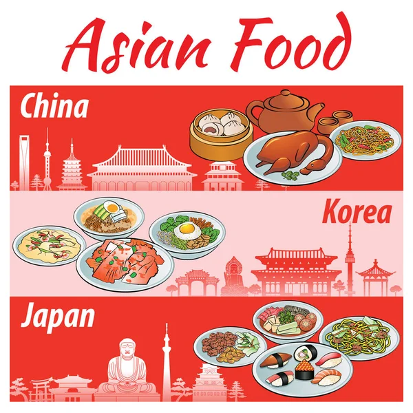 Set lezat dan terkenal panji makanan dari Asia Jepang, Cina, Kore - Stok Vektor