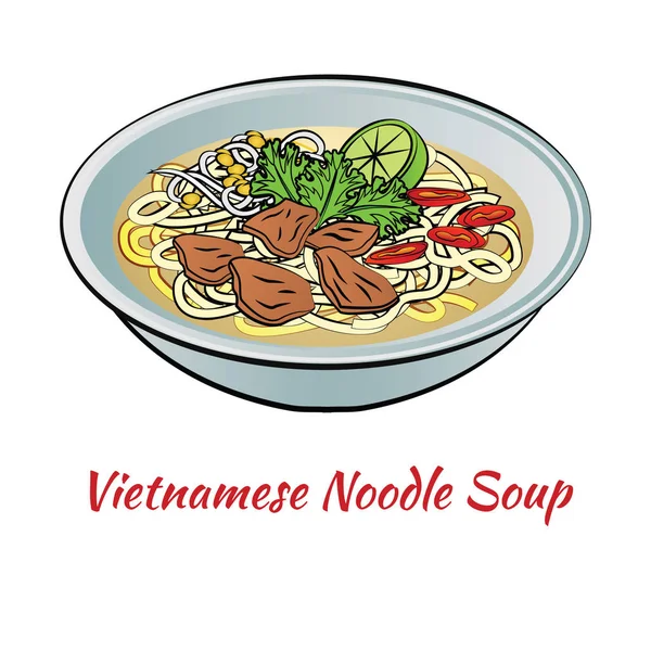 Conjunto de deliciosa y famosa comida de Vietnam en gradiente colorido — Vector de stock