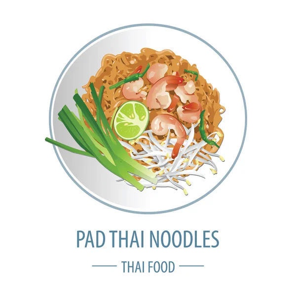 Pad Thai makanan Thailand terkenal, realistis dengan gaya tampilan atas - Stok Vektor