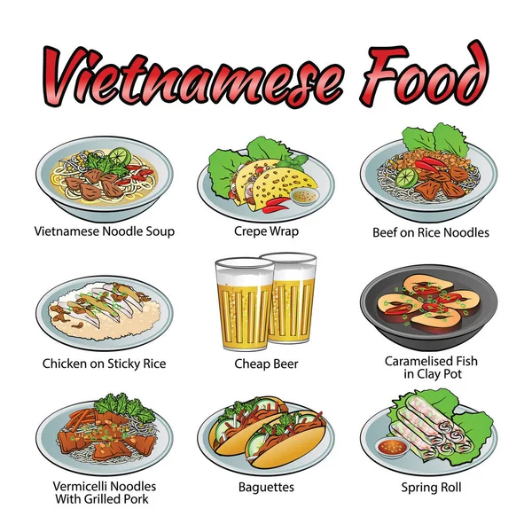 Conjunto de deliciosa y famosa comida de Vietnam en gradiente colorido — Vector de stock