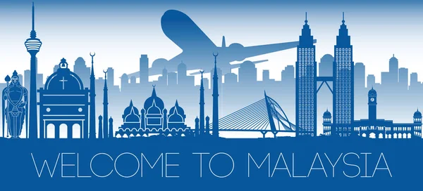 Malásia famoso marco azul silhueta design — Vetor de Stock