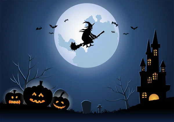 Halloween Tło Latać Czarownica Przez Magiczną Miotłę Północy — Wektor stockowy