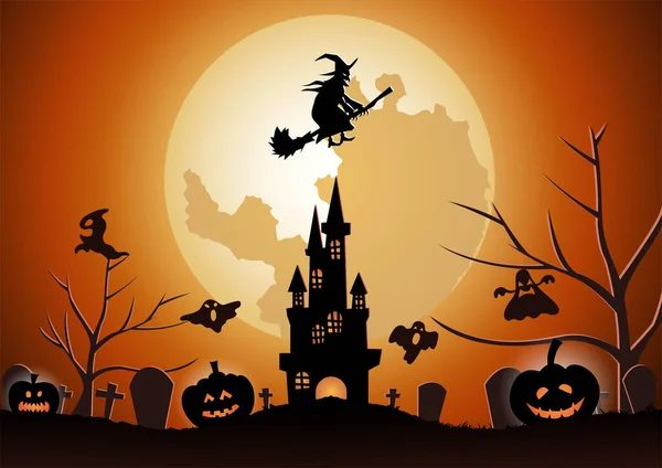 Halloween Tło Latać Czarownica Magicznej Miotły Halloween Noc — Wektor stockowy