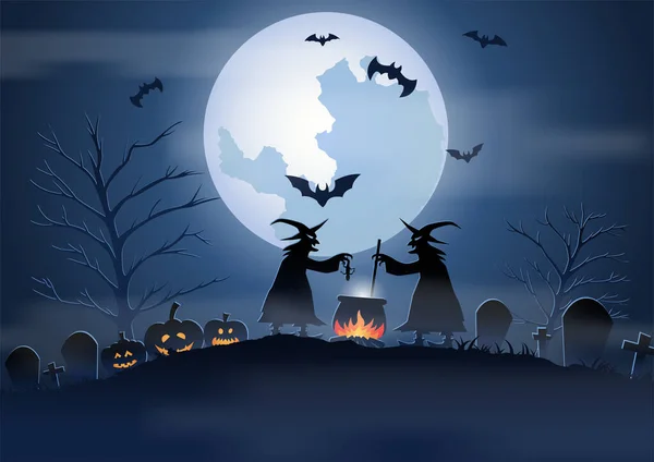 Fondo Halloween Con Escena Cementerio Las Brujas Noche Halloween — Vector de stock