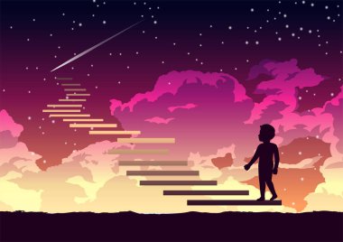 A boy step on the stair way to heaven with interesting vector A boy step on the stair way to heaven with interesting vector
