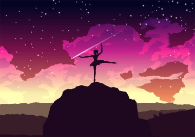 Kız gece uçurumda bale yapıyor.