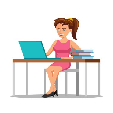 Ofiste çalışan bir kadının çizgi film karakterinin düz tasarımı