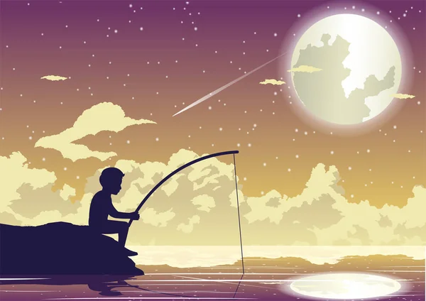 People Avtivity Life Scene Tha Boy Sitting Fishing — Stock Vector