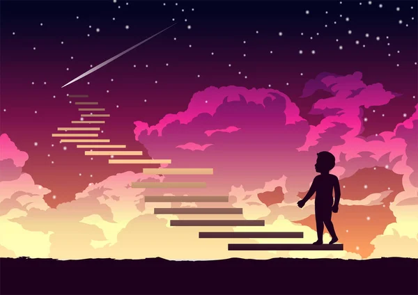 Garçon Marche Sur Chemin Escalier Vers Ciel Avec Intéressant — Image vectorielle
