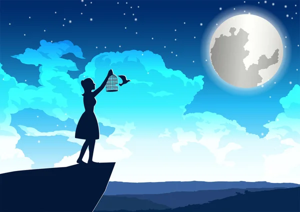 Woman Let Bird Out Peace Cliff Beautiful Night — Stock Vector