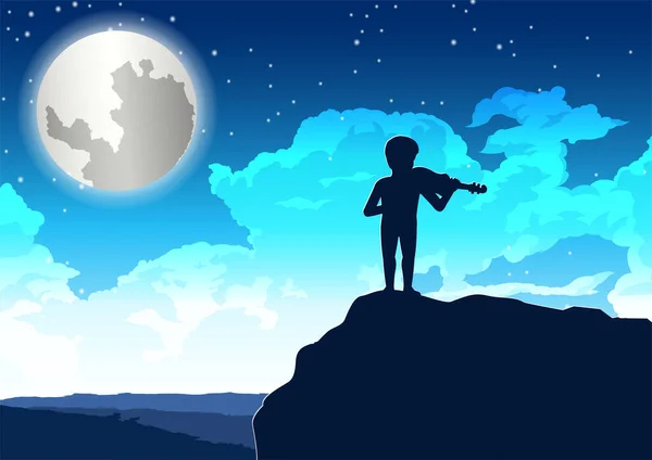 Boy Playing Violin Cliff Lonely Night — Stock Vector