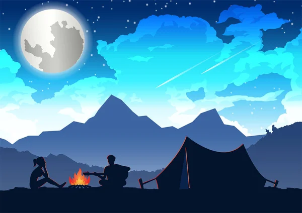 Man Playing Guitar Woman Listening Camping Trip — Stock Vector