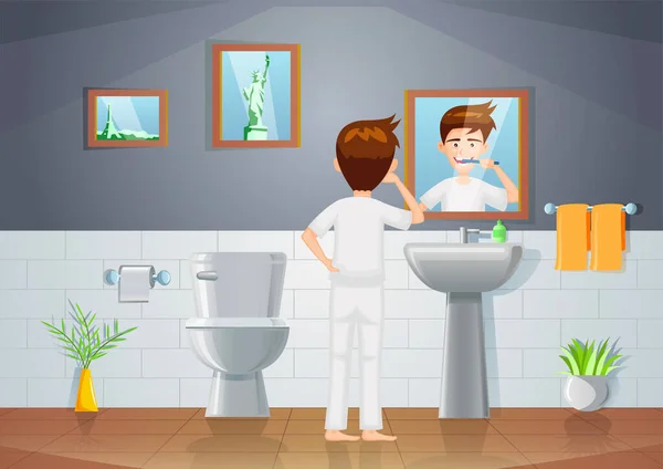 Versión Dibujos Animados Escena Del Baño Con Hombre Cepillarse Los — Vector de stock