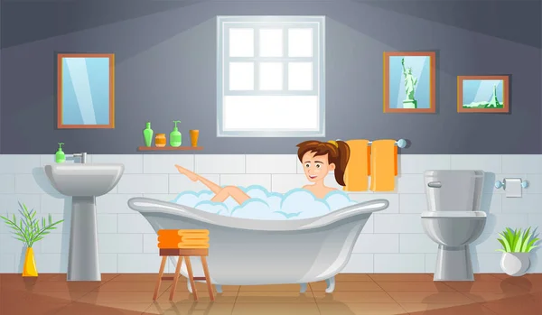 Płaski Design Kreskówkowego Charakteru Kobiety Bierze Kąpiel — Wektor stockowy