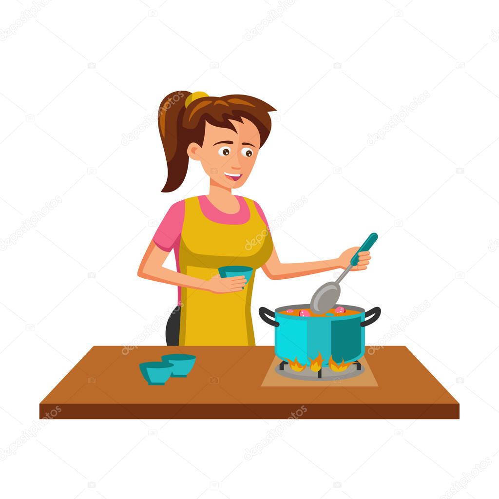 flat design of cartoon character of woman cooking