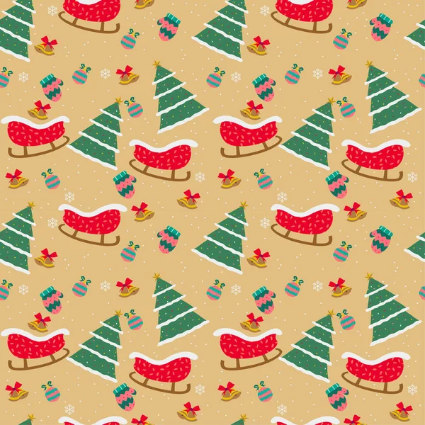 圣诞树雪橇礼物和手套中夹杂着快乐的圣诞佳节和快乐的新年无缝图案 色彩匀称 — 图库矢量图片