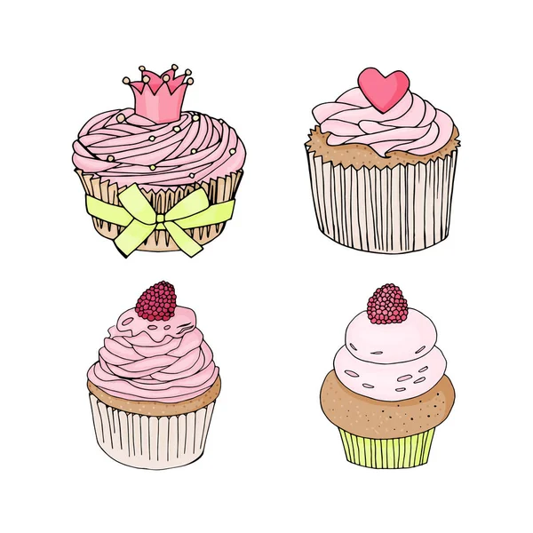 Set Mit Süßen Desserts Sammlung Von Cupcakes Mit Sahne Und — Stockvektor