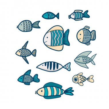 Renk dolu balık seti. Vektör el çizimillüstrasyon