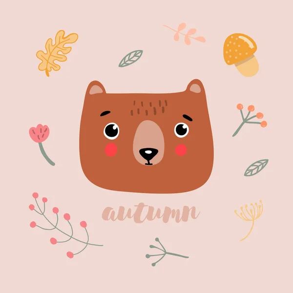 Cabeza Otoño Oso Tarjeta — Vector de stock