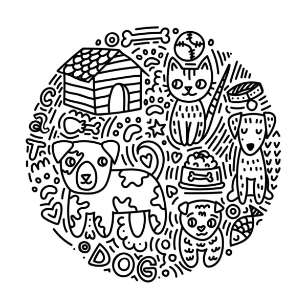 Doodle Picture Theme Pets Shelter Cat Dog Bowl Pets Box — Stock Vector