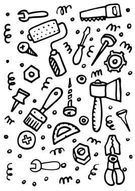 İnşaat araçları ile Doodle: anahtar, fındık, testere, rulo, boya fırçası, balta, protractor, vida, çivi, tornavida