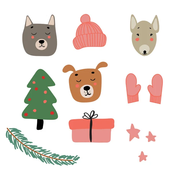 Набор Наклеек Рождественских Собак Подарками Елкой — стоковый вектор